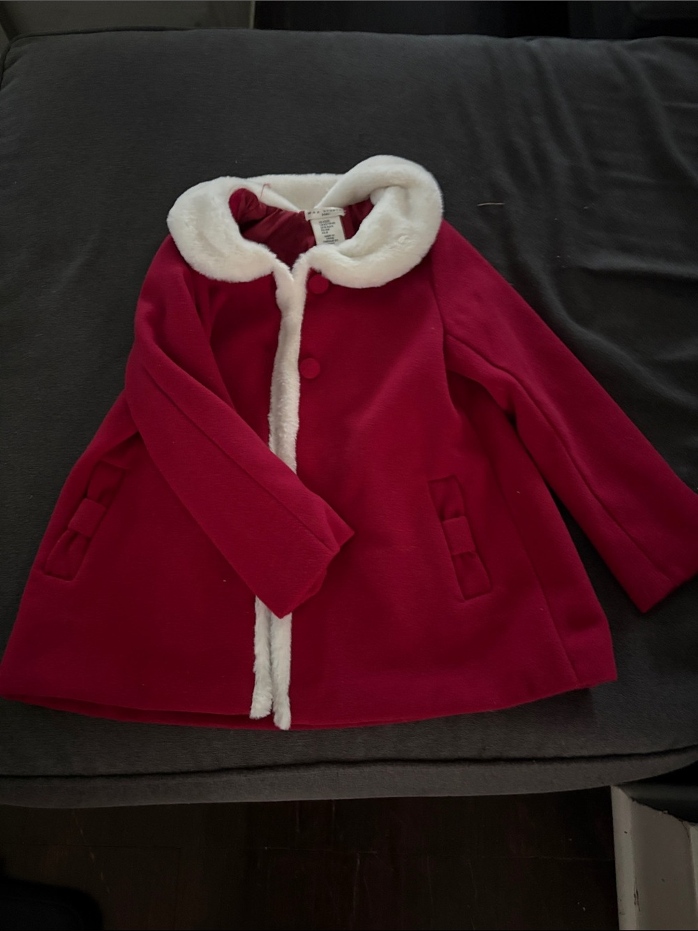 Max Studio Red Pea Coat with White Faux Fur Trim